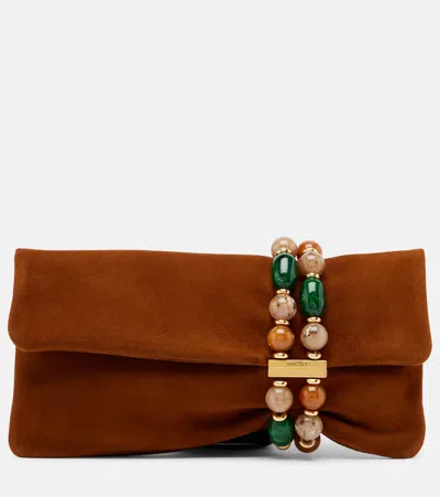 Jimmy Choo Zandra Beaded Suede Clutch In Brown