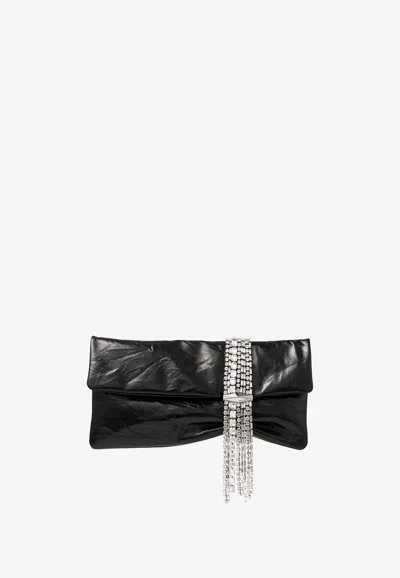 JIMMY CHOO ZANDRA CRYSTAL-EMBELLISHED CLUTCH IN METALLIC LEATHER
