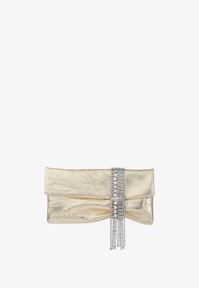 JIMMY CHOO ZANDRA CRYSTAL-EMBELLISHED CLUTCH IN METALLIC LEATHER