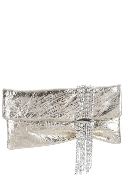 Jimmy Choo Zandra Crystal-embellished Clutch In Metallic Leather In Platinum