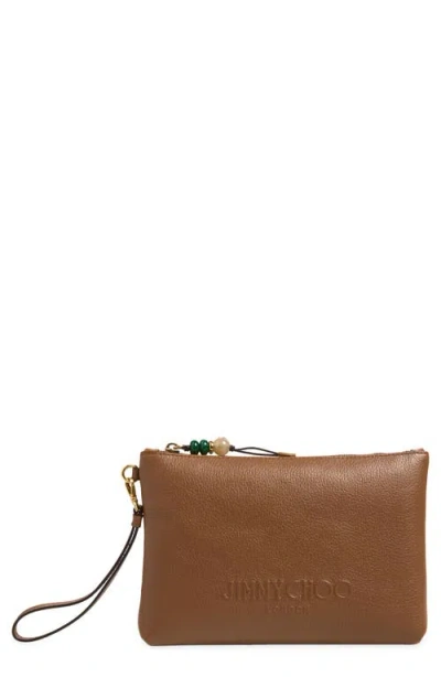 Jimmy Choo Zip Flat Pouch In Tan/light Gold