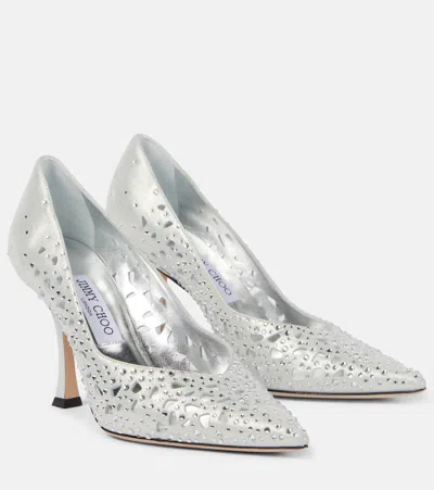 Jimmy Choo Verzierte Pumps Ziri 90 Aus Metallic-leder In Silber