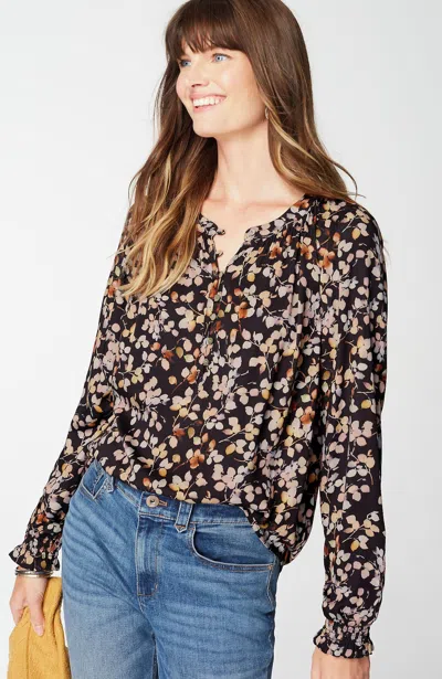 Jjill J.jill Artistic Leaves Printed Satin Top In Black Artistic Leaves