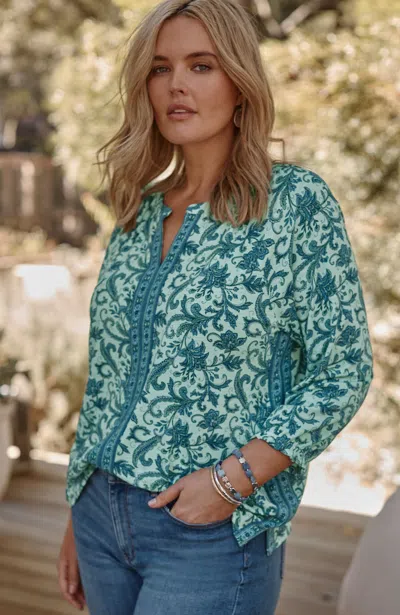 Jjill J.jill Border-printed Floral Top In Seafoam Green Ornamental Jacobean