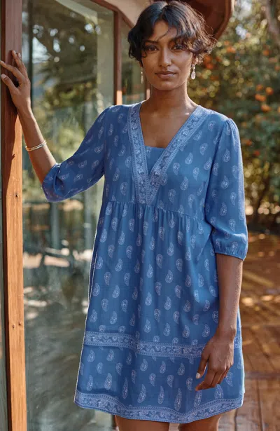 Jjill J.jill Border-printed Flounced-hem Dress In Blue Ginger Airy Stamp Tiered