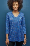 Jjill J.jill Border-printed V-neck Tunic In Blue Ginger Dancing Floral