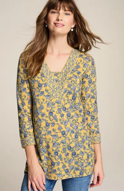 Jjill J.jill Border-printed V-neck Tunic In Lemon Fancing Floral