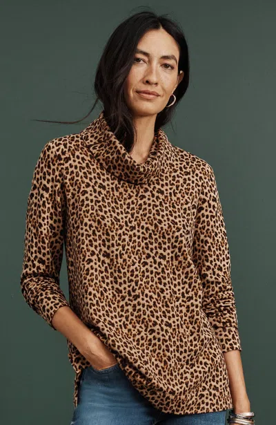 Jjill J.jill Brushed-fleece Cowl-neck Knit Top In Light Toffee Heather Classic Cheetah