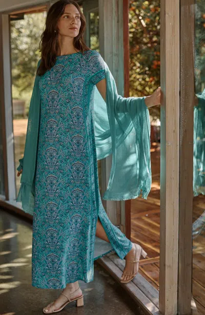 Jjill J.jill Button-back Maxi Dress In Fresh Teal Paisley Medallion Border
