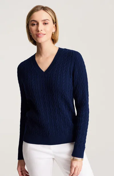 Jjill Cabled V-neck Pullover In Blue