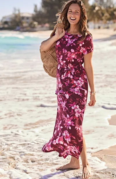 Jjill J.jill Cap-sleeve Maxi Dress In Cranberry Watercolor Floral