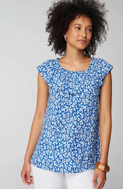 Jjill J.jill Convertible-shoulder Ruffled Top In Royal Blue Summer Garden
