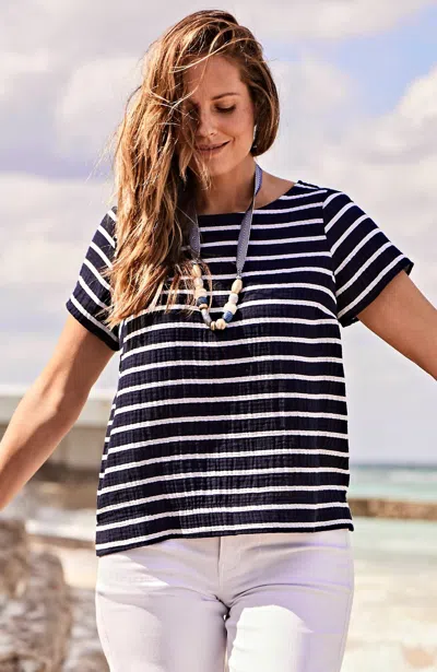 Jjill J.jill Cotton-gauze Cap-sleeve Top In Navy Blue,white