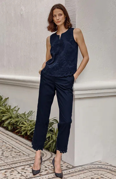 Jjill Cotton Poplin Embroidered-hem Crops Pants In Blue