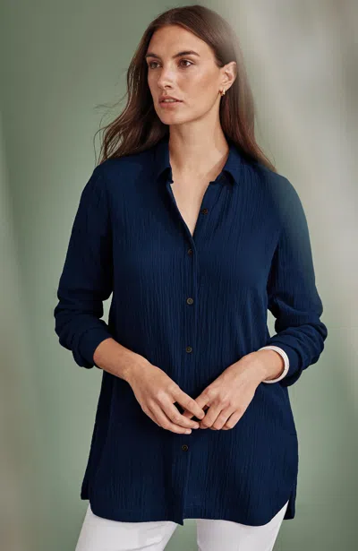 Jjill Cotton-gauze Button-front Tunic In Blue