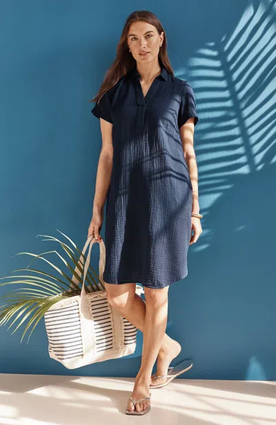 Jjill Cotton-gauze Popover Dress In Blue
