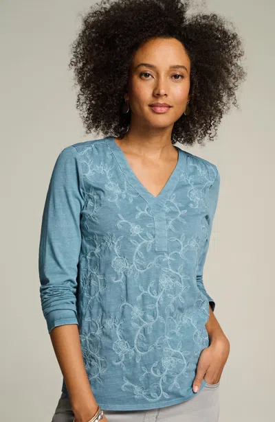 Jjill J.jill Embroidered Garment-dyed Top In Light Stone Blue