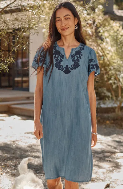 Jjill J.jill Embroidered Indigo Flutter-sleeve Dress In Nantucket Wash