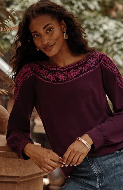 Jjill J.jill Embroidered Mixed-media Top In Aubergine,pink Ribbon