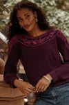 Jjill J.jill Embroidered Mixed-media Top In Aubergine,pink Ribbon