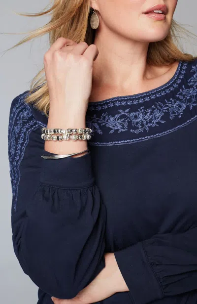 Jjill J.jill Embroidered Mixed-media Top In Navy Blue,twilight Blue