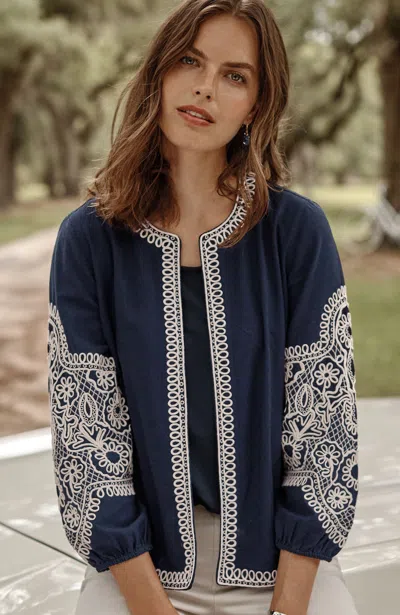 Jjill J.jill Embroidered Open-front A-line Jacket In Navy Blue Multi