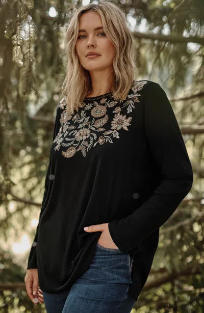 Jjill J.jill Embroidered Pleat-back Tunic In Black Multi