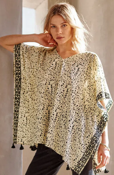 Jjill J.jill Embroidered Tasseled V-neck Poncho In Black,oatmeal