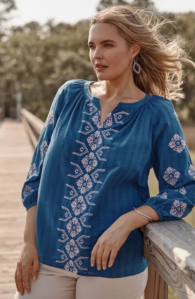 Jjill J.jill Embroidered Textured-cotton Top In Coastline Multi