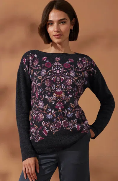 Jjill J.jill Enchanted Florals Sweater In Greystone Placed Radiant Flowers