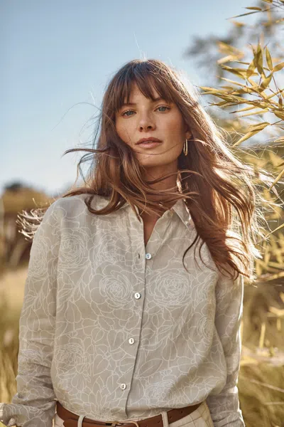 Jjill J.jill Everyday Linen Button-front Shirt In Dark Oatmeal Refreshing Floral