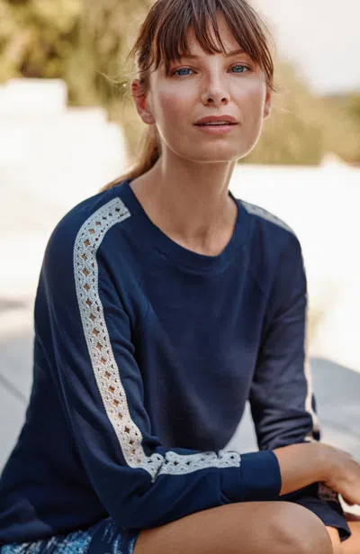 Jjill J.jill Fit Crochet-trimmed Sweatshirt In Midnight Sky,harbor Mist