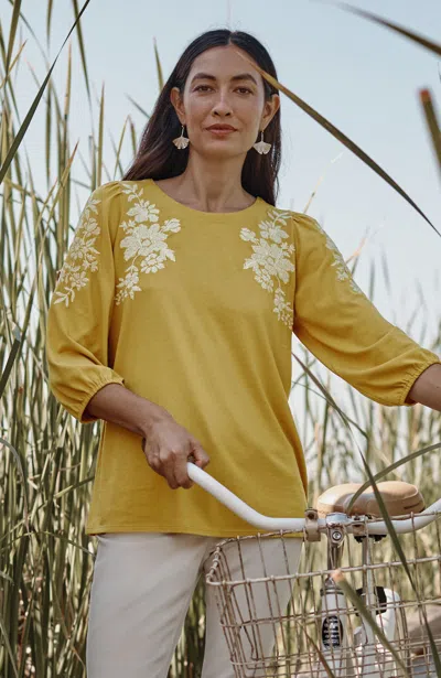 Jjill J.jill Floral-embroidered Top In Harvest Sun,barley