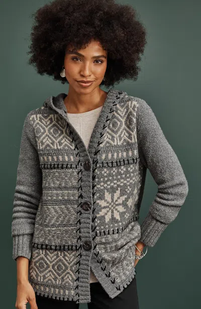 Jjill J.jill Hand-embroidered Hooded Cardi In Dark Grey Heather,oatmeal