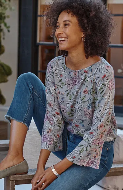 Jjill J.jill Hummingbird-printed Satin Top In Zinc Tranquil Garden