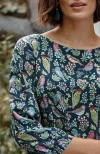 Jjill J.jill Bird-printed Boat-neck Top In Navy Blue Vibrant Birds