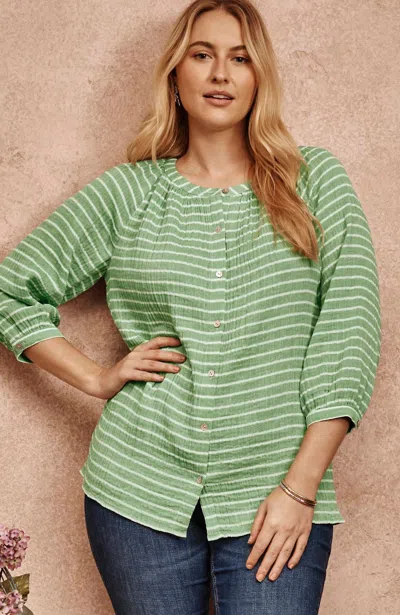 Jjill J.jill Cotton-gauze Striped Button-front Top In Kelly Green,white