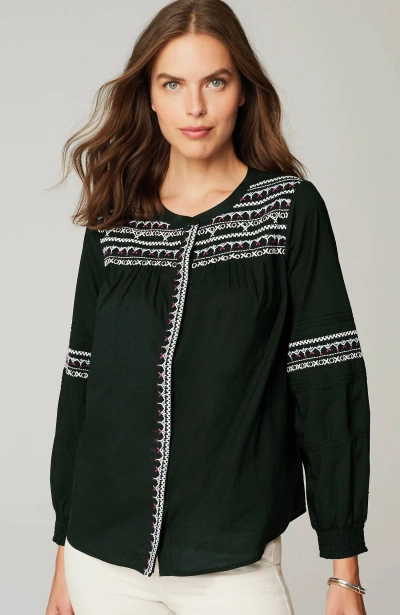 Jjill J.jill Embroidered Smocked-sleeve Top In Black Multi
