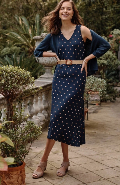 Jjill J.jill Flounced-hem Midi Dress In Navy Blue Button Dot