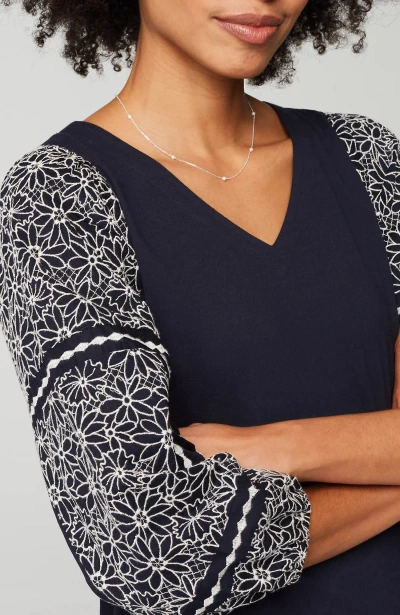 Jjill J.jill Mixed-media Embroidered-sleeve Top In Navy Blue,cream