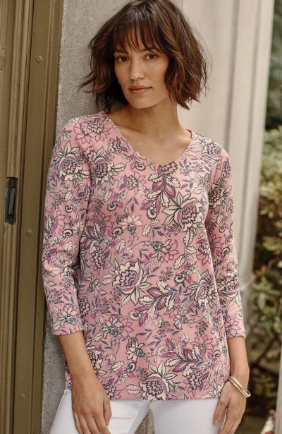 Jjill J.jill Pima 3/4-sleeve V-neck Tee In Pink Tulip Spirited Vines