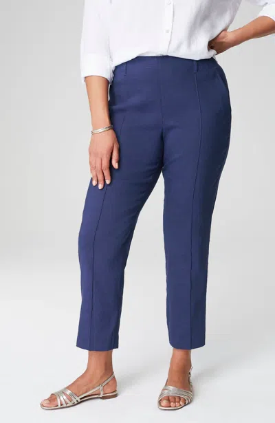 Jjill J.jill Pintucked Linen-stretch Slim-leg Pants In Navy Blue,blueberry