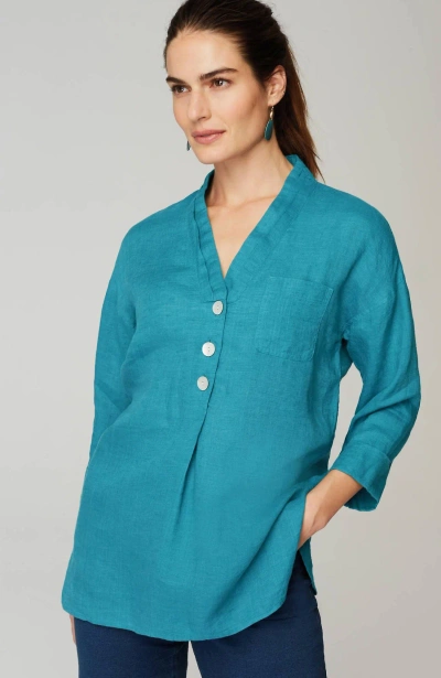 Jjill J.jill Pure Jill Yarn-dyed Linen Button-front Tunic In Aegean,dark Aegean
