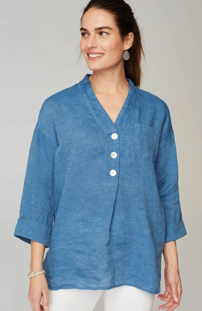 Jjill J.jill Pure Jill Yarn-dyed Linen Button-front Tunic In Blue Quartz,dark Blue Quartz