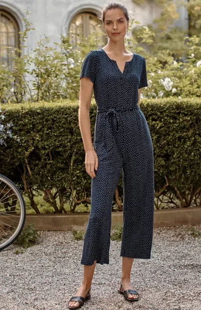 Jjill J.jill Split-neck Cropped Jumpsuit In Navy Blue Spaced Dot