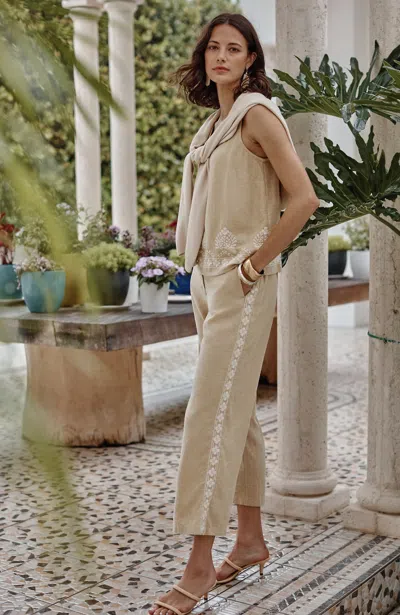 Jjill Linen & Rayon Embroidered Crops Pants In Neutral
