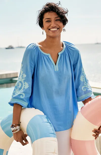 Jjill J.jill Linen-blend Embroidered Popover In Blue