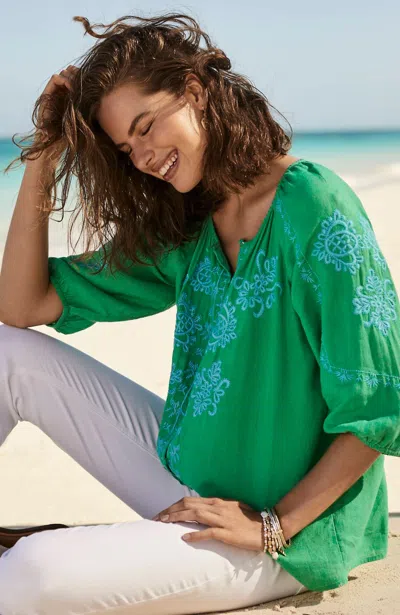 Jjill J.jill Linen-blend Embroidered Top In Green Papaya,blue Oasis