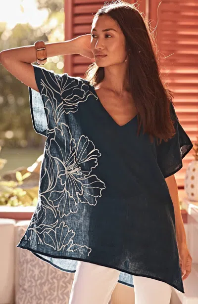 Jjill J.jill Linen Floral-embroidered Poncho In Navy Blue,white