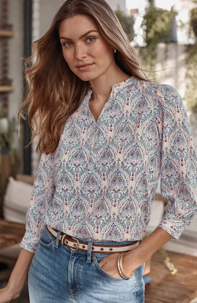 Jjill Linen-blend Shirred-sleeve Popover In Peach Botanical Medallion